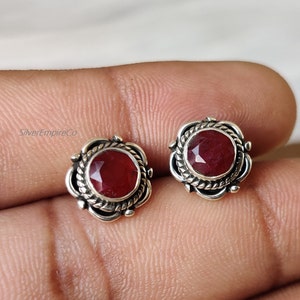 Natural Ruby Gemstone Studs, Solid 925 Sterling Silver Earrings, Minimalist Jewelry, Ear Studs, Sister Birthday Gifts, Party Wear Studs,