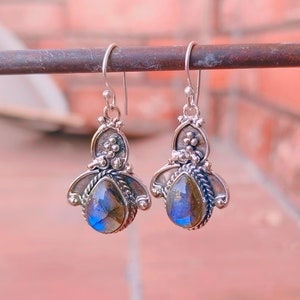 Handmade Labradorite Earrings: 925 Sterling Silver Gemstone Jewelry