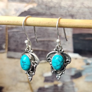 Blauer Kupfer-Türkis-Ovalform-Edelstein-feste 925 Sterlingsilber-Ohrringe für Frauen, handgemachter Silberohrring für Hochzeitsjubiläumsgeschenk