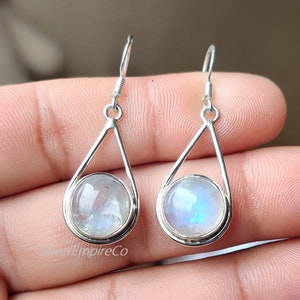 Rainbow Moonstone Drop Earrings: 925 Sterling Silver, June Birthstone