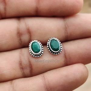 Emerald Stud Earrings: 925 Sterling Silver, Dainty Oval Gemstone