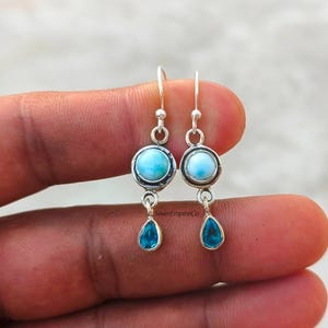 Natural Larimar Earring, 925 Sterling Silver Earring, Handmade Earring, Drop Blue Topaz Stone, Latest Earring, Gift Earring, Gift For Her,