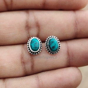 Oval Turquoise Stud Earrings: 925 Sterling Silver
