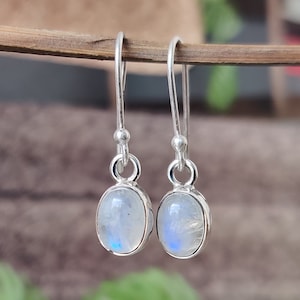 Rainbow Moonstone Earrings: 925 Sterling Silver Oval Dangle, Boho Style