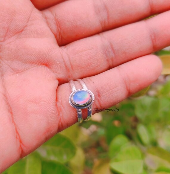 Anello Artigianale In Argento 925 Con Opale Aurora Blu - Fatto A Mano - Gioiello Unico
