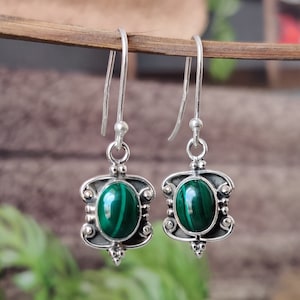 Malachite Sterling Silver Earrings: Boho Dangle Jewelry