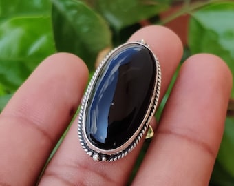 Handmade Black Onyx 925 Sterling Silver Ring: Boho Vintage Jewelry