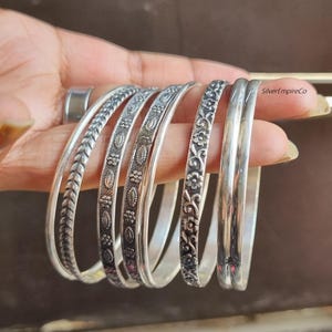 Floral Sterling Silver Bangle Set: Boho Stacking Jewelry