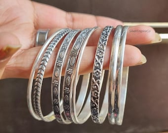 Floral Sterling Silver Bangle Set: Boho Stacking Jewelry
