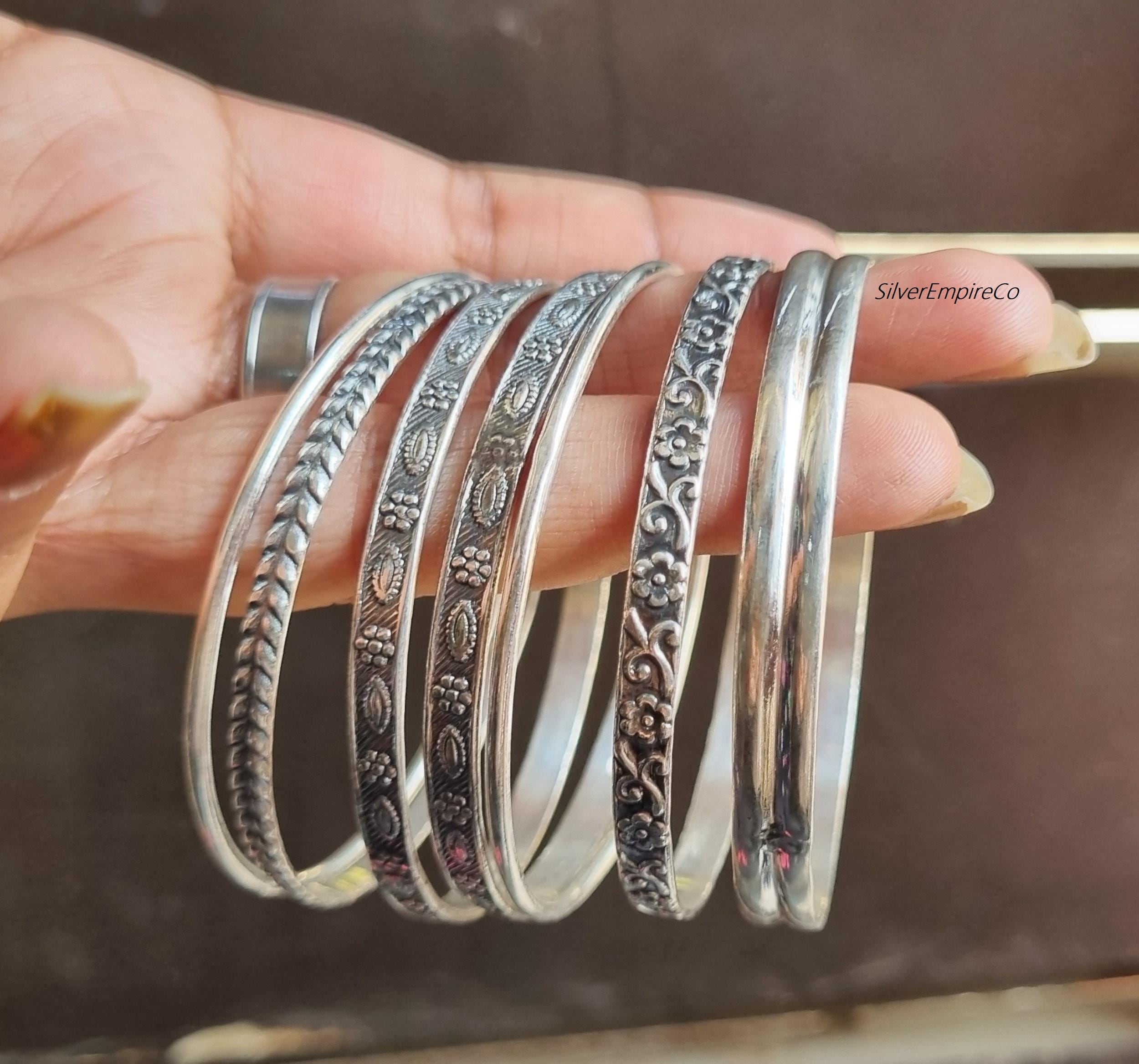 Floral Sterling Silver Bangle Set: Boho Stacking Jewelry - Etsy