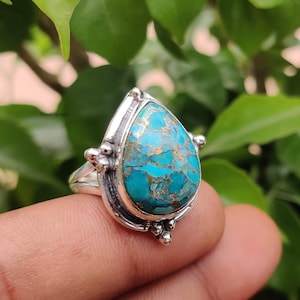 Blue Copper Turquoise Ring: 925 Sterling Silver Boho Band