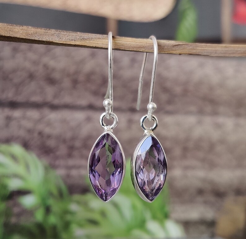 Amethyst Drop Earrings: 925 Sterling Silver Marquise Cut image 1