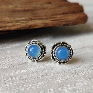 Blue Chalcedony Round Stone Solid 925 Sterling Silver Earrings For Women, Handmade Boho Silver Earrings For Wedding Anniversary Gift Idea