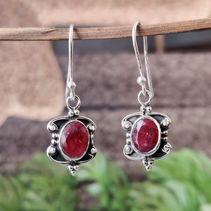 Handmade Oval Ruby Earrings: 925 Sterling Silver Dangle Earrings