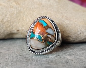 Oyster Copper Turquoise Ring: Handmade 925 Sterling Silver Double Band