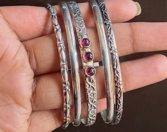 Vintage Garnet 5 Bangle Set, 925 Sterling Silver, Stackable Boho Bangles, Gift for Women