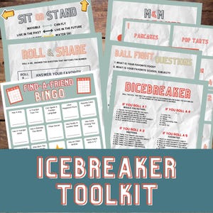 May include: A set of printable icebreaker games for parties and gatherings. The games include "Sit or Stand", "Roll & Share", "Find-a-Friend Bingo", "Ball Fight Questions", and "Dicebreaker".