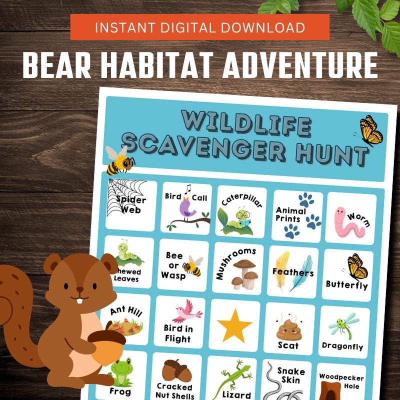 Wildlife Scavenger Hunt Bingo – Printable Nature Walk Game for Kids ...