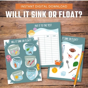 May include: A printable educational game for kids to learn about sinking and floating. The game features colorful illustrations of various objects, including a pencil, a bottle, a spoon, a rock, a leaf, a crayon, a feather, and an ice cube. The game includes a chart to record which objects sink and which objects float.
