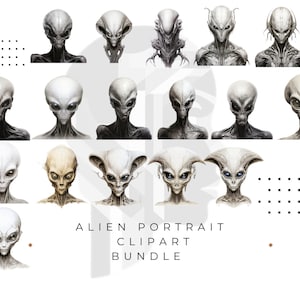 Gray Alien Portrait Clip Art Bundle - 17 Unique Extraterrestrial Face