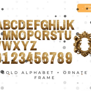 Verweerde gouden alfabet- en nummerset met sierlijk frame - transparante PNG-bestanden