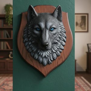 Faux taxidermy sculpture wolf head wall mounted