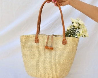 Handwoven shoulder bag with cowhide handle| beautiful straw made ladies shopping bag| Bolga u-shopper basket| native women shoulder bag