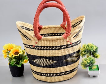 Straw shopping basket| mini market basket| wicker U-Shopper| grocery basket| Bolga storage basket| gift basket for her| eco-friendly basket