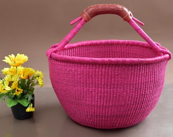 Pink market basket, round shopper basket, beautiful grocery basket, beach storage basket, gift basket for mothers, camp storage organizer