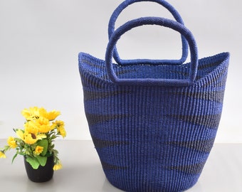 Blauwe U-shopper| winkelmandje| rieten draagtas| boodschappen boodschappenmand| leuke rieten tas| picknickmand| kamp mand