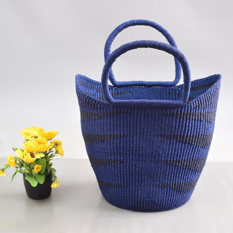 Cesta azul U-shopper/ cesta para compras/ bolso de mano de mimbre/ cesta de compras de comestibles/ linda bolsa de mimbre/ cesta de picnic/ cesta de campamento imagen 1