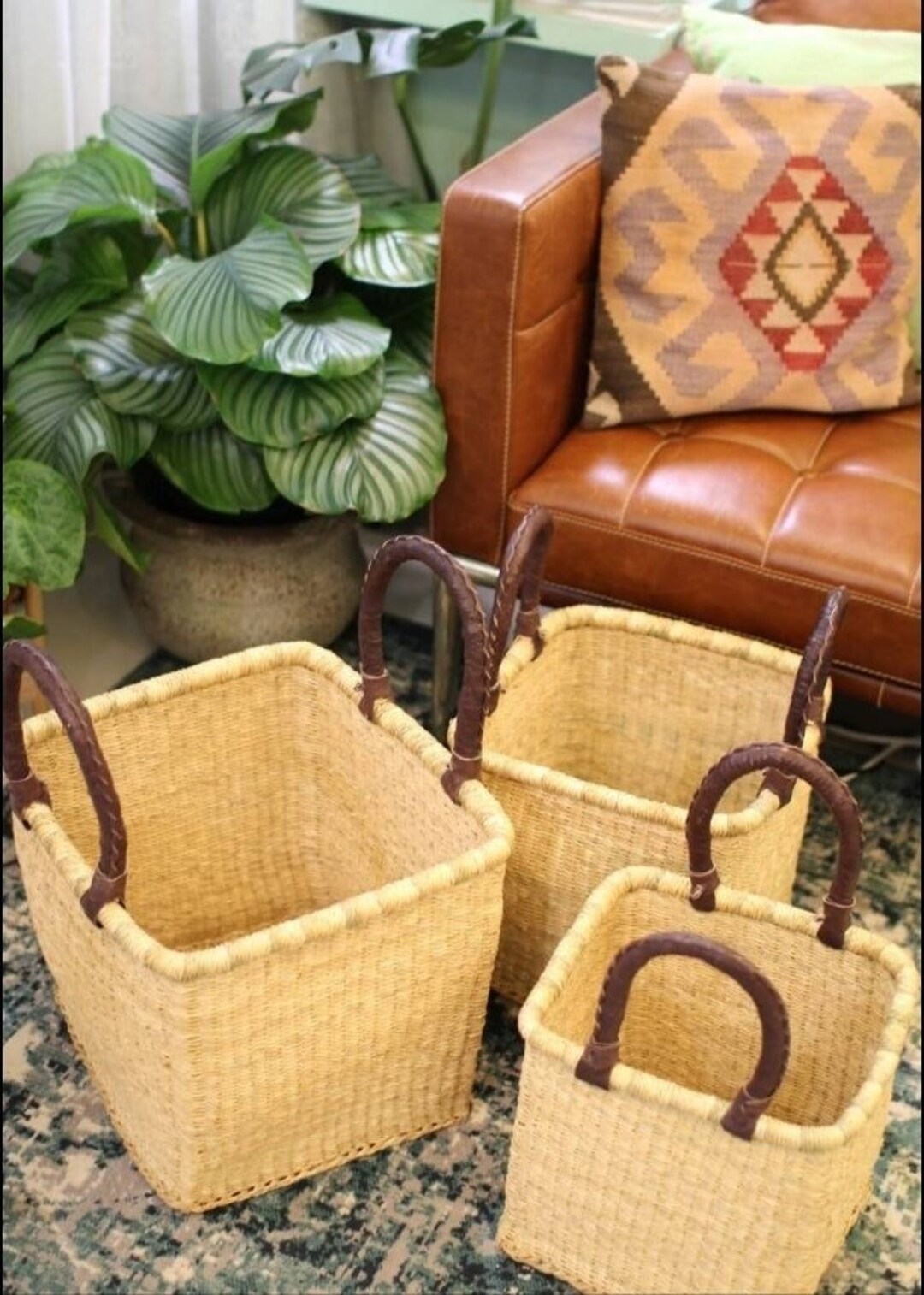 Handwoven Laundry Basket With Leather Handle Woven Floor Etsy