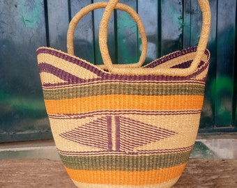 Bolga u-shopper basket| handwoven big rattan wrist bag with cowhide handle| native daily use handbag| rattan groceries shopping bag