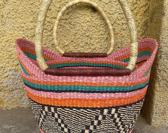 Wicker shopper basket| eco-friendly shopping bag| colorful straw-made handle basket| hanging camp basket| natural grocery bag| market basket