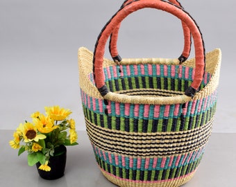 U-shopper basket with leather handle| basket for shopping| Bolga straw shopper basket| cute wicker bag| eco-friendly basket| camp basket