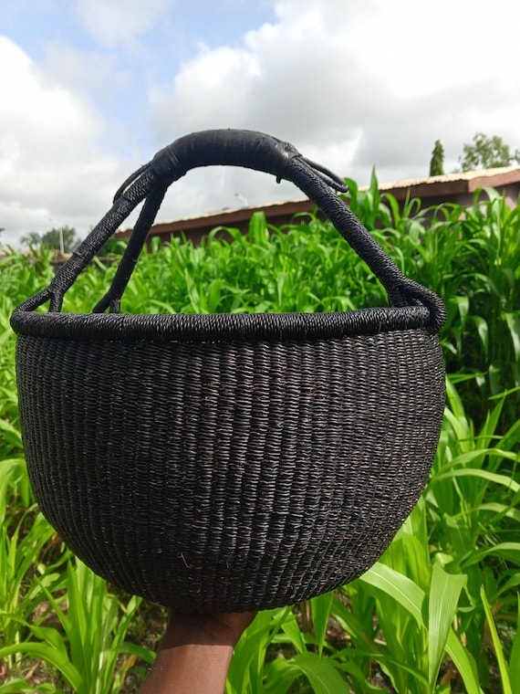 Black Handwoven Straw Basket, Natural Shopping Basket