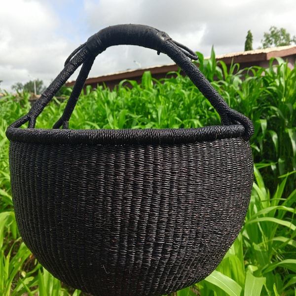 Black handwoven straw basket, natural shopping basket, garden harvest basket, native African woven basket, Bolga market basket with handle