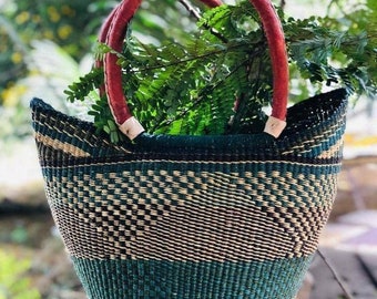 Elegant handwoven u-shopper basket, cute top handle basket, storage basket, cowhide handle basket, gift for her, mothers day gift ideas