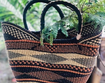 Straw u-shopper basket, fruit storage basket, gift for her kitchen, mothers day gift ideas, bolga Ghana basket