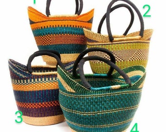 Handwoven u-shopper basket with cowhide handle, top handle market basket, groceries shopping basket, storage basket