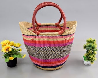 Wicker U-Shopper| straw grocery bag| Bolga storage basket| shopping basket bag| mini market basket| gift basket for her| eco-friendly basket