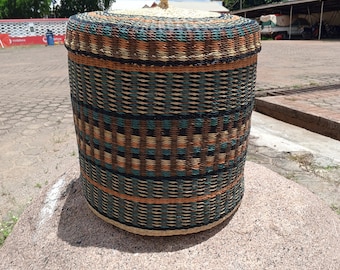 Bolga storage basket, Large straw laundry basket with lid, small laundry basket with lid, woven floor hamper, room wicker storage basket