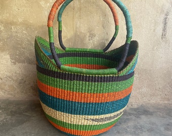 Panier en paille, panier du marché africain, panier de rangement Bolga, panier avec poignée supérieure, sac en osier, sac fourre-tout pour pique-nique, panier de plage