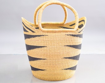 Straw shopping bag, u-shopper basket, grocery storage basket, natural picnic basket, farmers market basket, camping basket, Bolga wicker bag