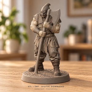 May include: A monochromatic 3D printed figurine of a muscular warrior wearing a hooded garment, tattered pants, and boots, holding a large battle axe with both hands. The figure stands on a circular base. Text reads: STL + 3MF DIGITAL DOWNLOAD.