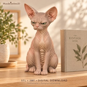 Op de afbeelding: Een lichtroze, haarloze Sphynx-katfiguur met grote puntige oren en een strenge gezichtsuitdrukking. De kat zit rechtop met zichtbare huidplooien. De tekst "Wunderwelten3D" staat linksboven en "STL + 3MF DIGITAL DOWNLOAD" onderaan.