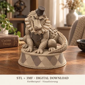 Op de afbeelding: Een beige alligatorfiguur met een donkergrijze hoge hoed, een geplooide kraag en een borstplaat. De alligator zit op een ronde voet met een ruitpatroon. De tekst onderaan luidt: STL + 3MF • DIGITAL DOWNLOAD Farbbeispiel Visualisierung.