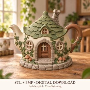 May include: A ceramic-style teapot shaped like a cottage with a green shingled roof, a stone chimney, a brown arched door, and round windows. The exterior features climbing green vines, small orange mushrooms, and a stone-textured base.