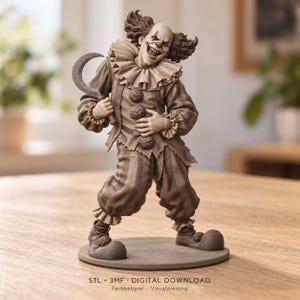 May include: A monochromatic brown 3D printed figurine of a clown with a wide, toothy grin, wearing a ruffled collar, striped clothing with three pom-poms on the chest, and oversized shoes, holding a curved sickle. Text reads: STL + 3MF DIGITAL DOWNLOAD.