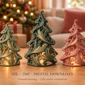 Peut inclure: Trois sculptures décoratives en forme d'arbre avec des découpes complexes en forme de feuilles tourbillonnantes. L'arbre de gauche est vert sauge, celui du centre est vert foncé avec des accents dorés, et celui de droite est rose poudré. Texte : STL + 3MF • DIGITAL DOWNLOAD.